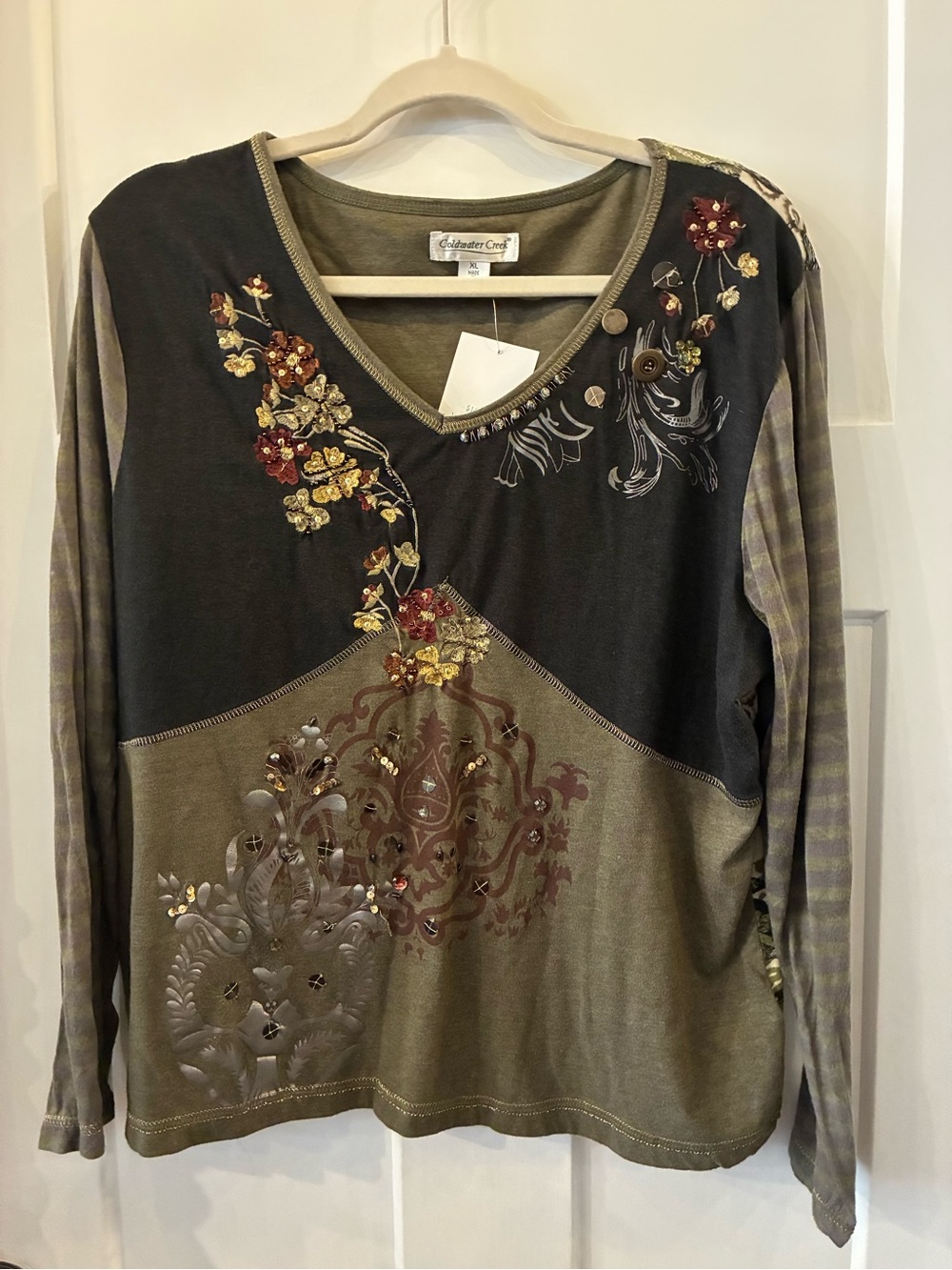 Coldwater Creek Olive and Charcoal Embellished V-Neck Long Sleeve Top